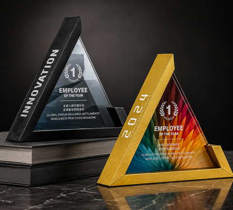 Triangular Glass Milestone Awards - custom acrylic awards with your logo